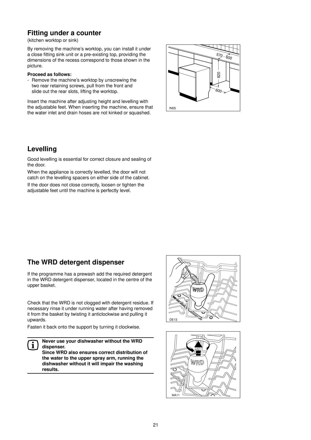 Zanussi DA 6473 manual Fitting under a counter, Levelling, WRD detergent dispenser, Proceed as follows 