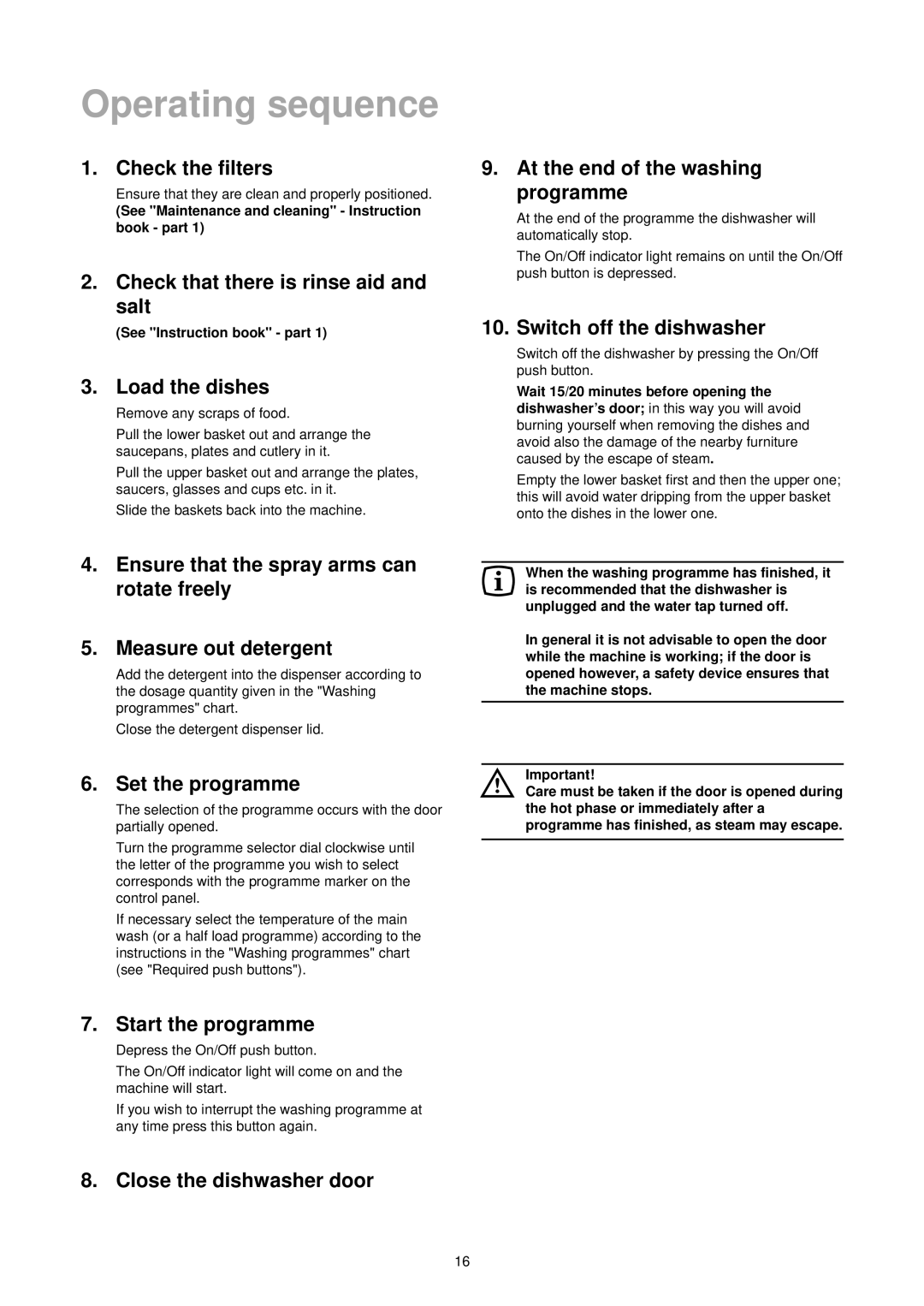 Zanussi DA 6473 manual Operating sequence 