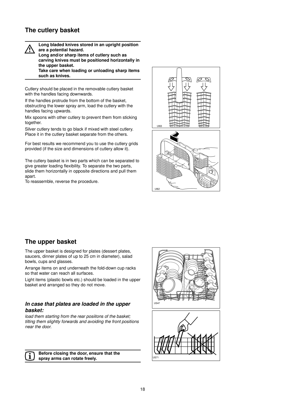 Zanussi DA 6473 manual Cutlery basket, Upper basket, Long and/or sharp items of cutlery such as 