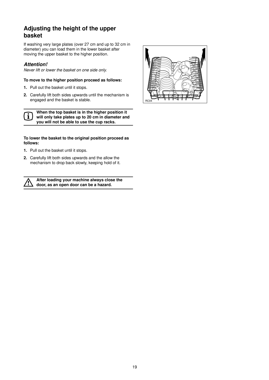 Zanussi DA 6473 manual Adjusting the height of the upper basket, Moving the upper basket to the higher position 