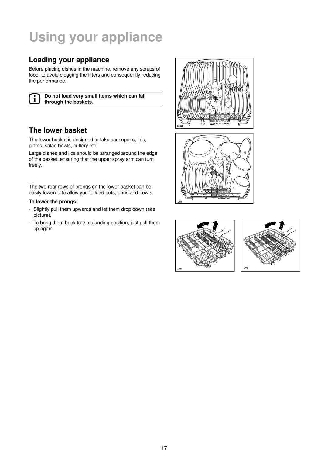 Zanussi DA 6473 manual Using your appliance, Loading your appliance, The lower basket 
