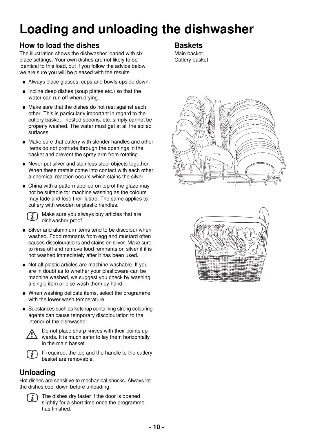 Zanussi DCE 5655 manual Loading and unloading the dishwasher, How to load the dishes, Unloading, Baskets 