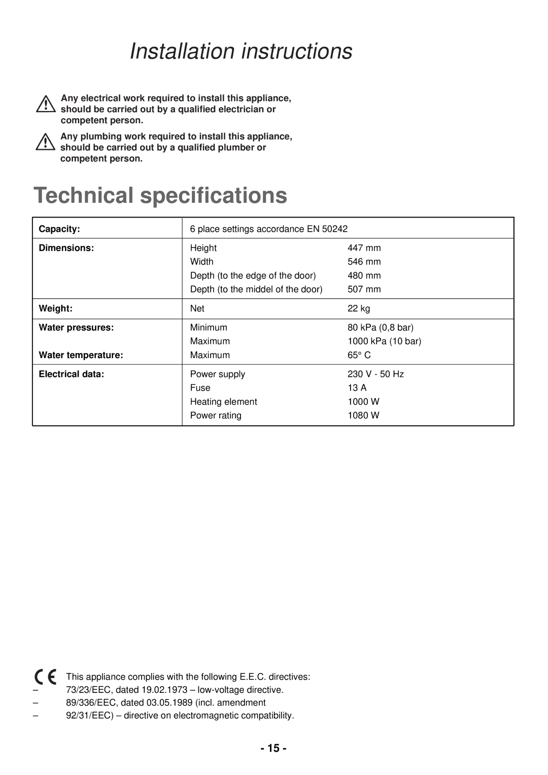 Zanussi DCE 5655 manual Capacity, Dimensions, Weight, Water pressures, Water temperature, Electrical data 