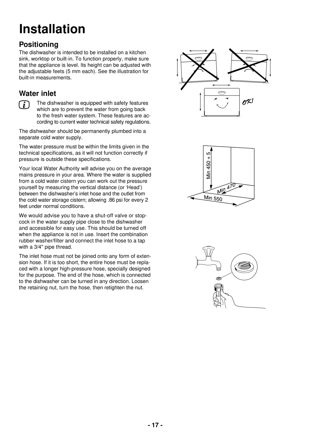 Zanussi DCE 5655 manual Installation, Positioning, Water inlet 