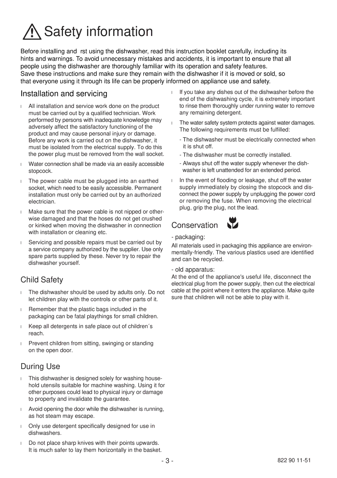 Zanussi DCE 5655 manual Safety information, Installation and servicing, Conservation, Child Safety, During Use 