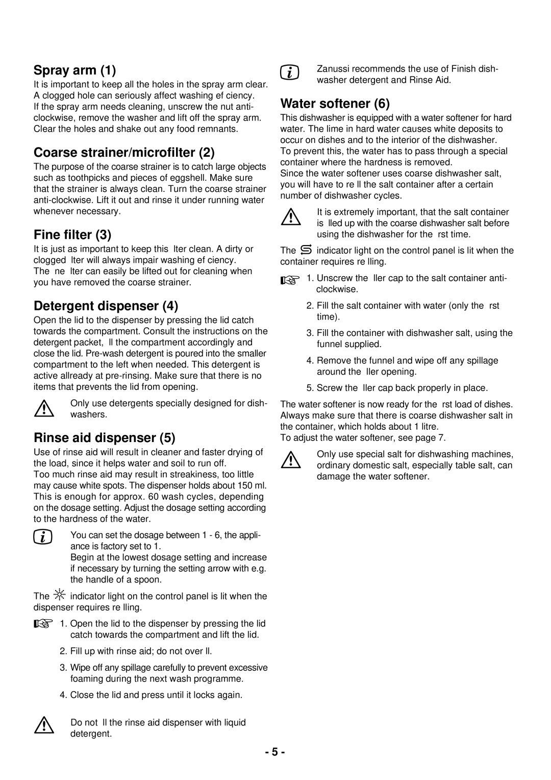 Zanussi DCE 5655 manual Spray arm, Coarse strainer/microﬁlter, Fine ﬁlter, Detergent dispenser, Rinse aid dispenser 