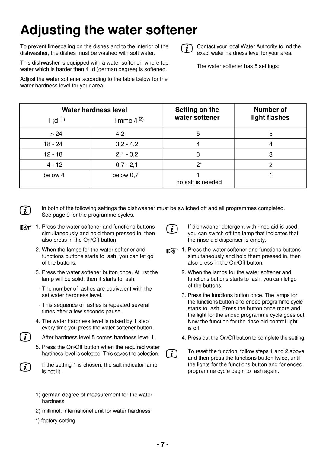 Zanussi DCE 5655 manual Adjusting the water softener, Water softener Light ﬂashes 