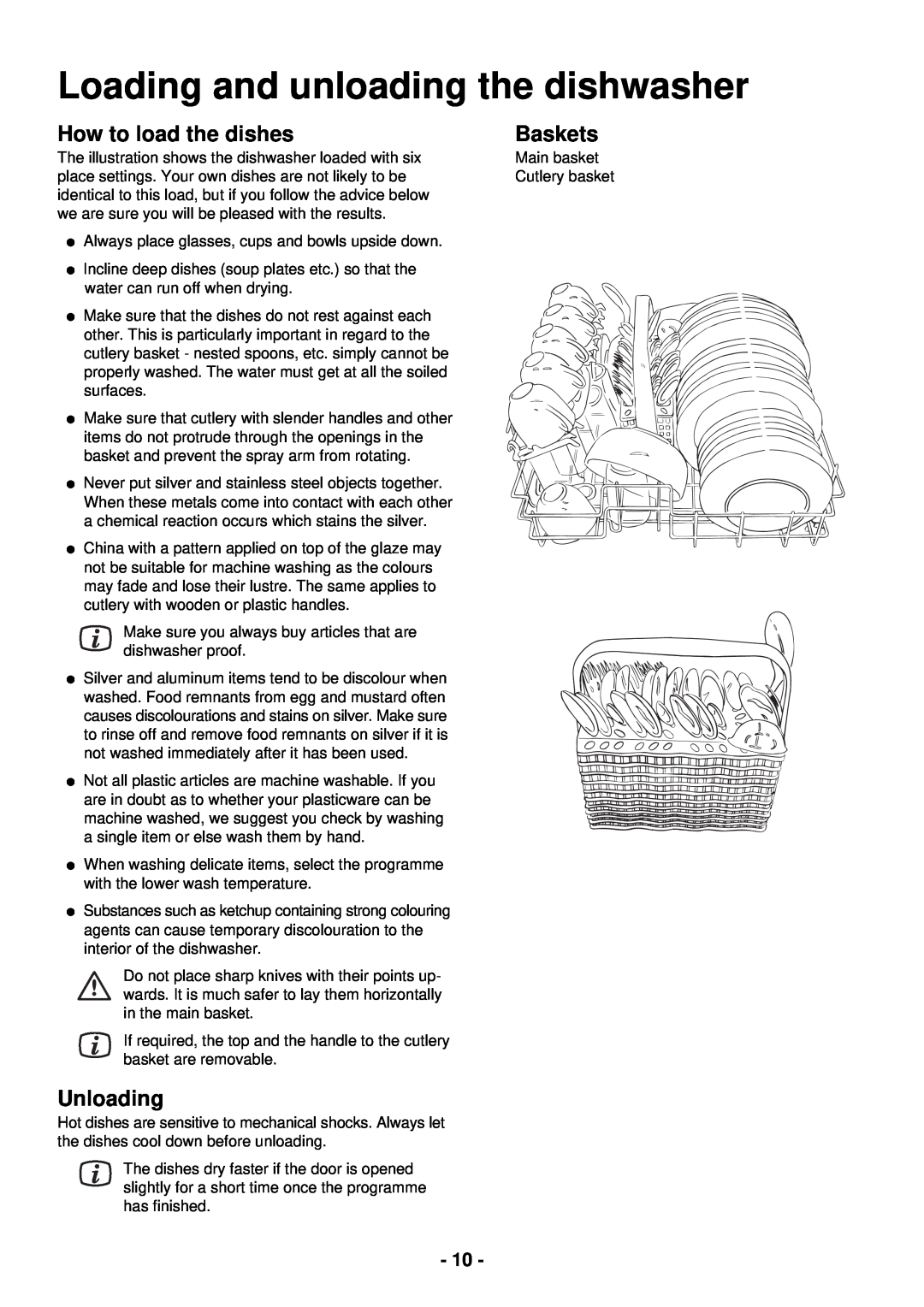 Zanussi DCE 5655 manual Loading and unloading the dishwasher, How to load the dishes, Unloading, Baskets 