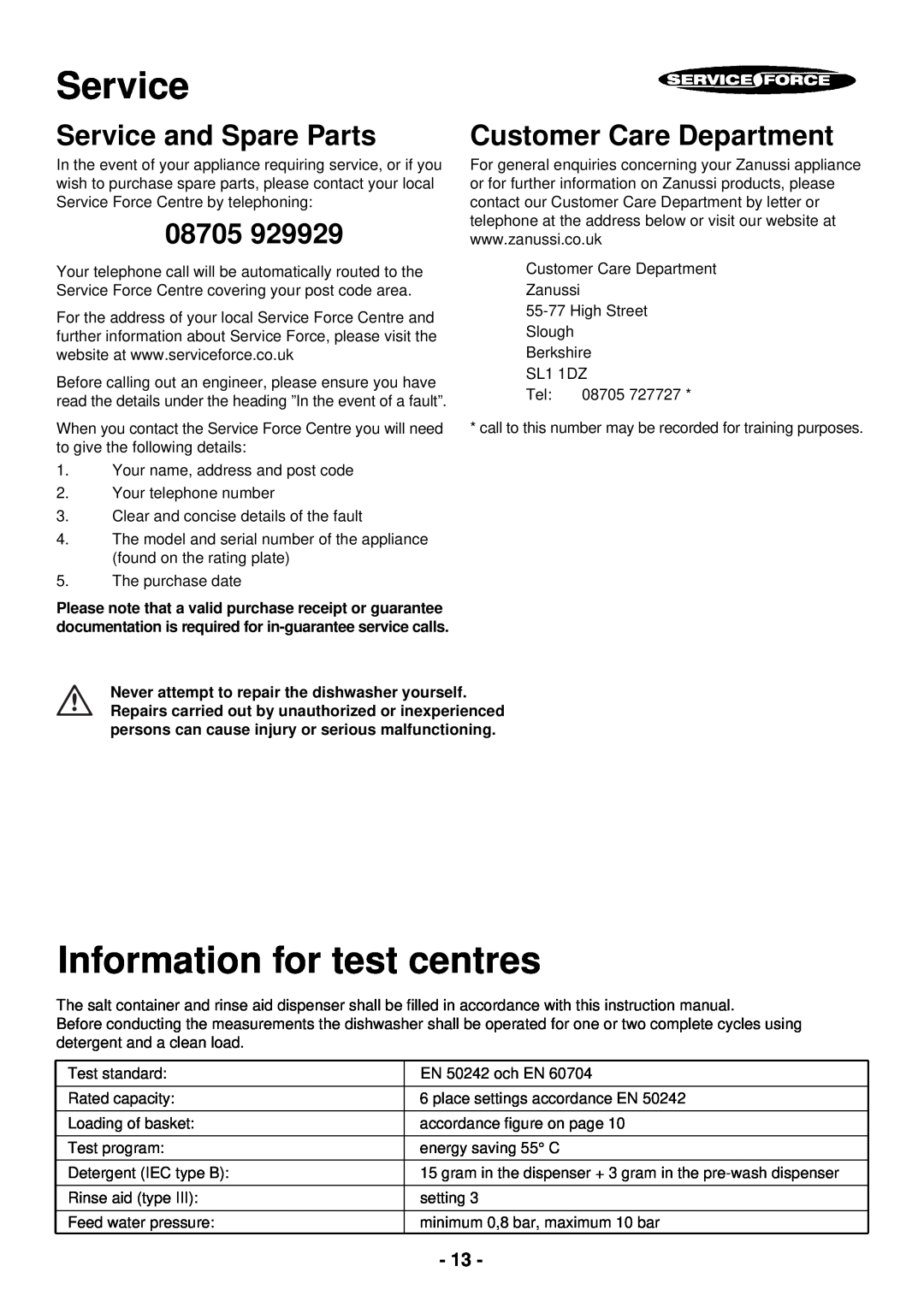 Zanussi DCE 5655 manual Information for test centres, Service and Spare Parts, 08705, Customer Care Department 