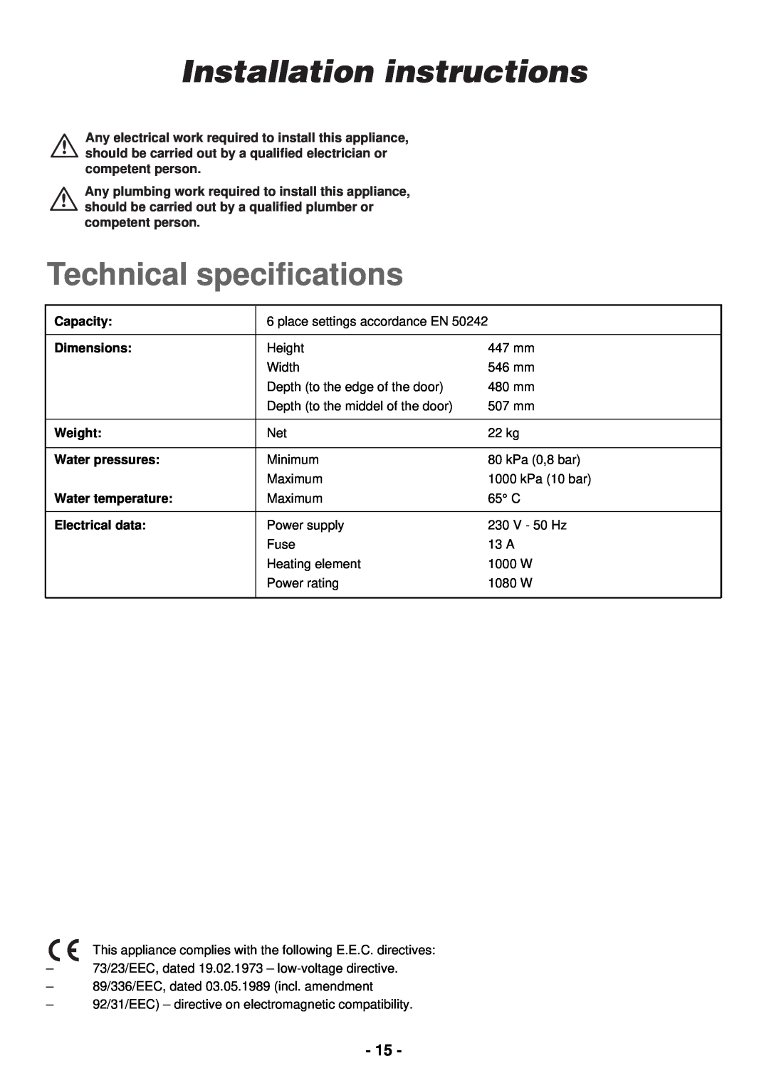 Zanussi DCE 5655 manual Installation instructions, Technical speciﬁcations 