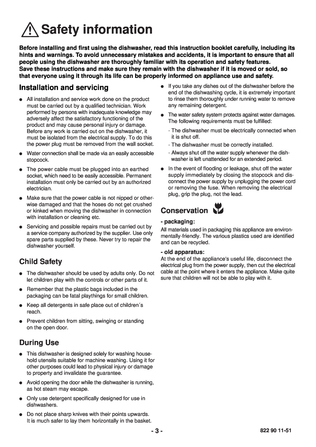 Zanussi DCE 5655 manual Safety information, Installation and servicing, Conservation, Child Safety, During Use 