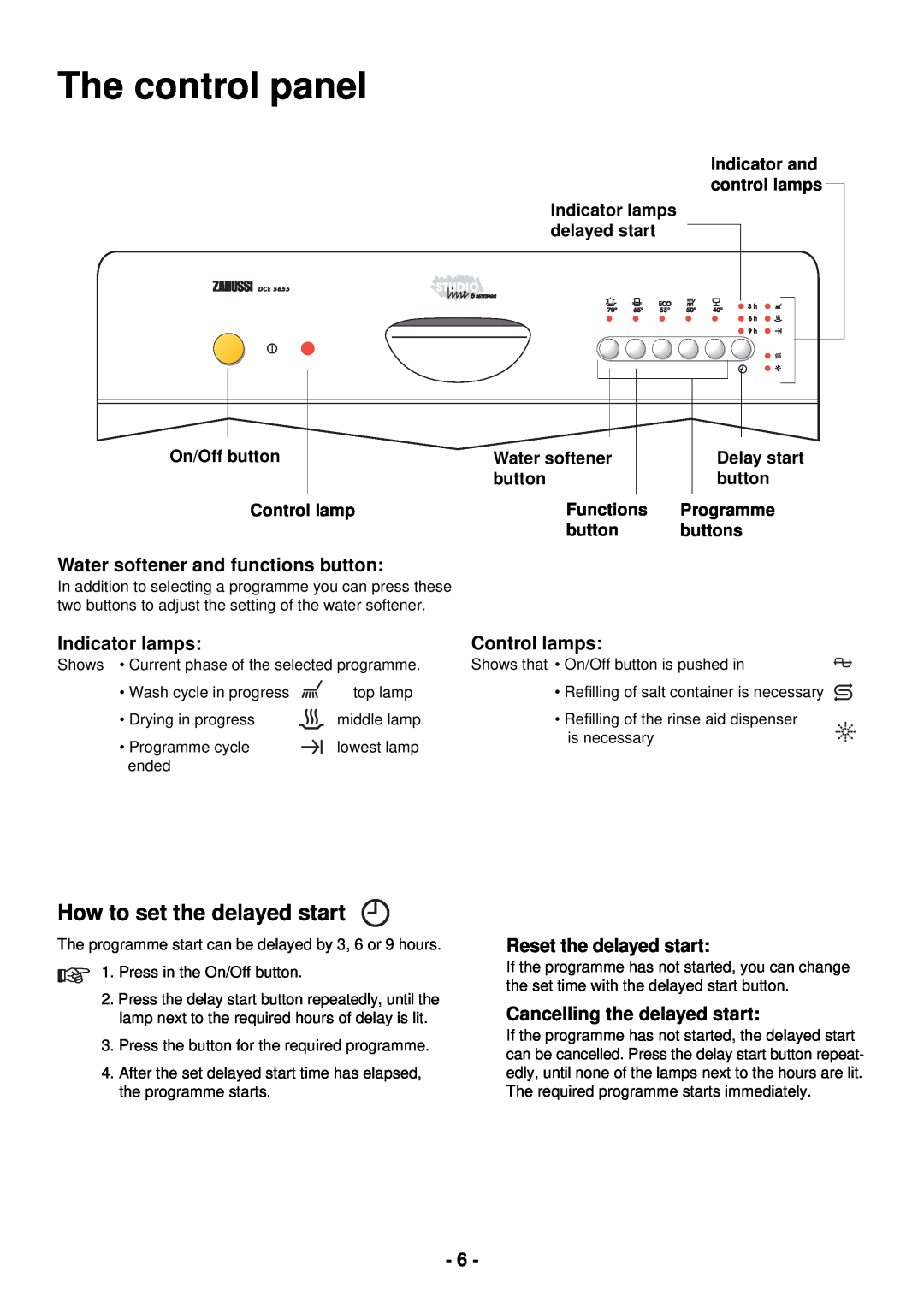 Zanussi DCE 5655 The control panel, How to set the delayed start, Water softener and functions button, Indicator lamps 