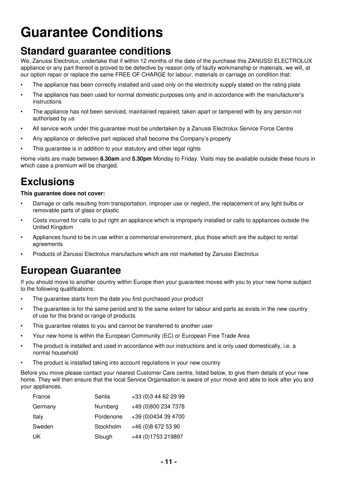 Zanussi DCS 12 W manual Guarantee Conditions, Standard guarantee conditions 