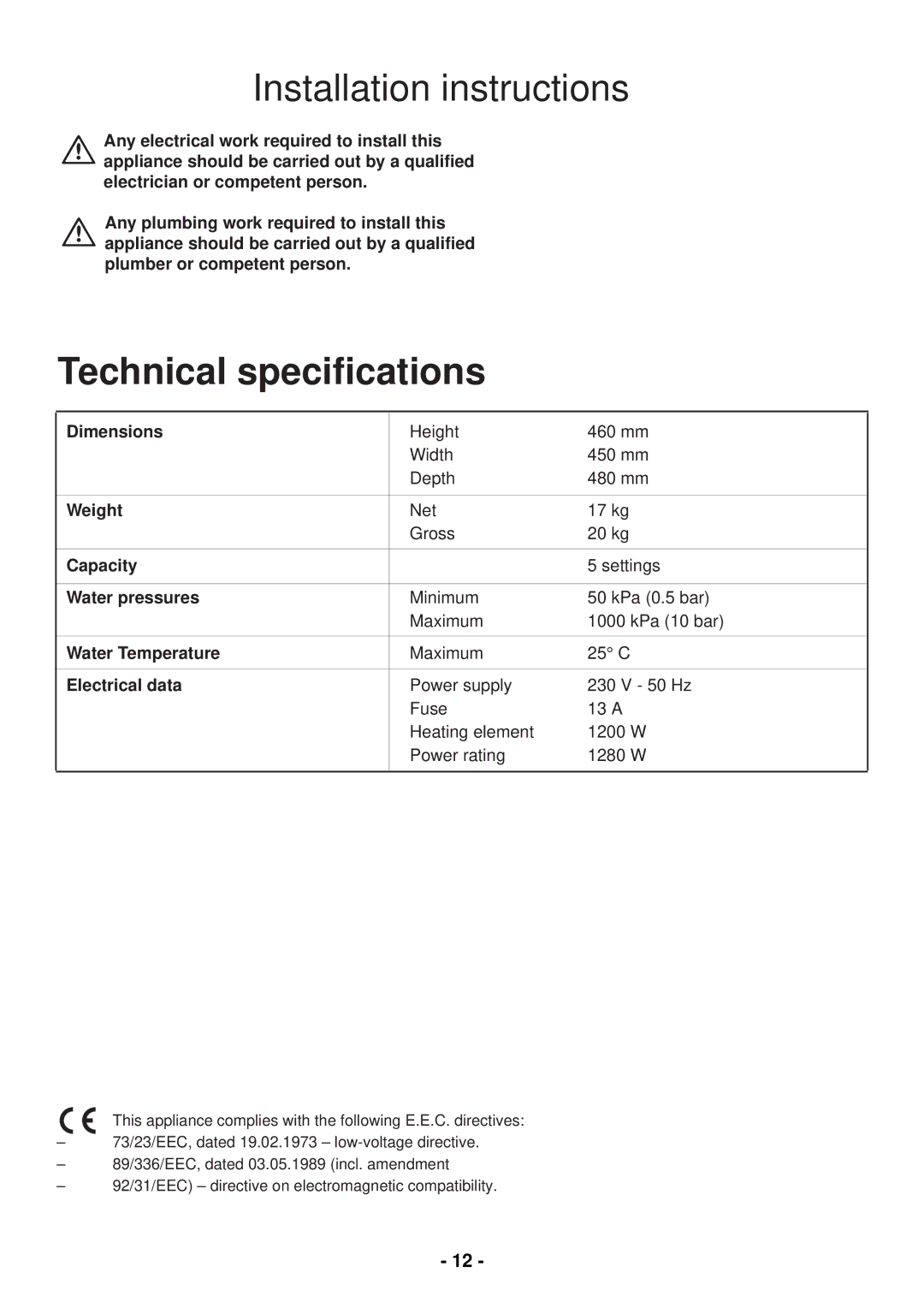 Zanussi DCS 12 W manual Installation instructions, Technical speciﬁcations 