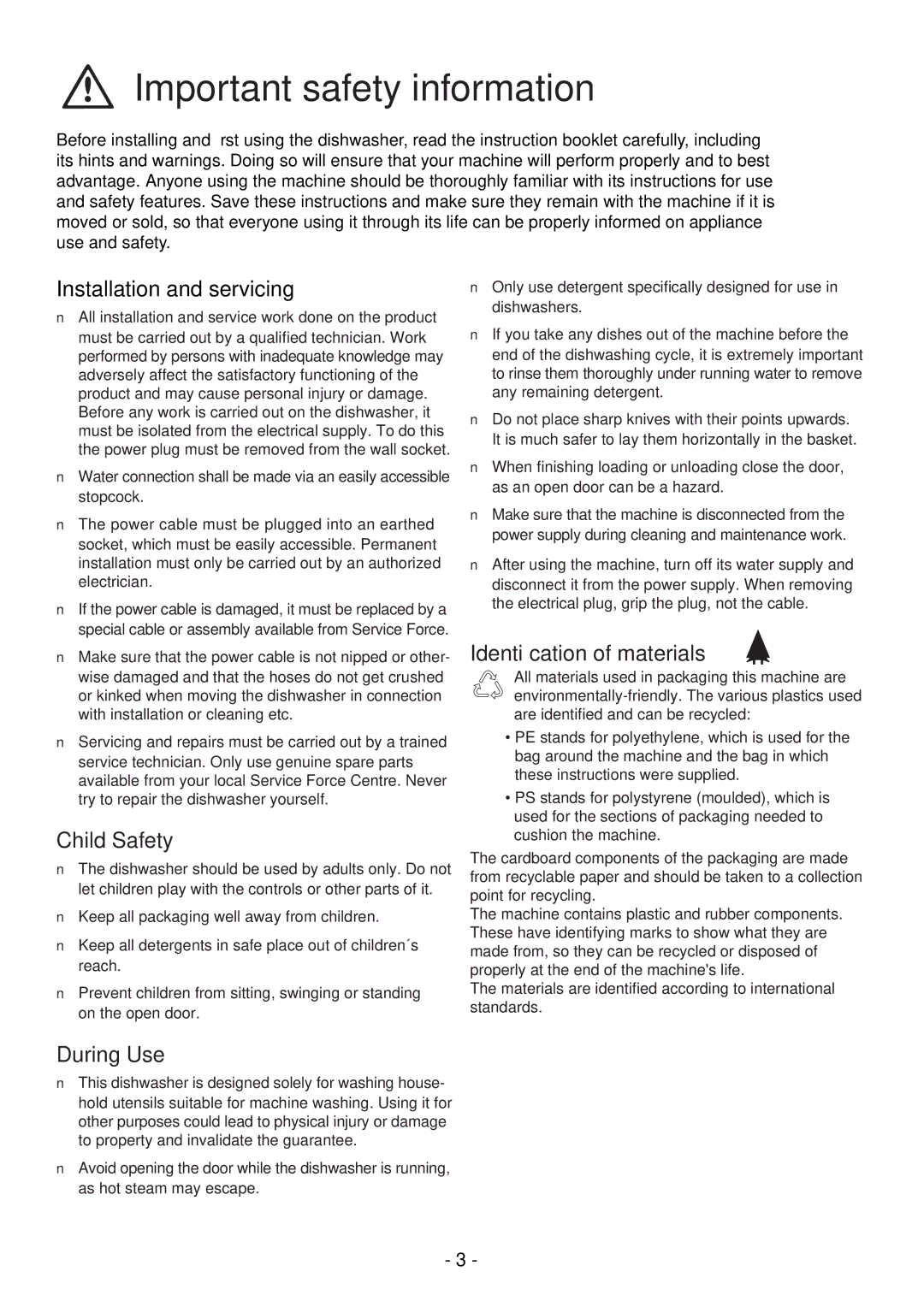 Zanussi DCS 12 W manual Important safety information, Installation and servicing, Child Safety, Identiﬁcation of materials 