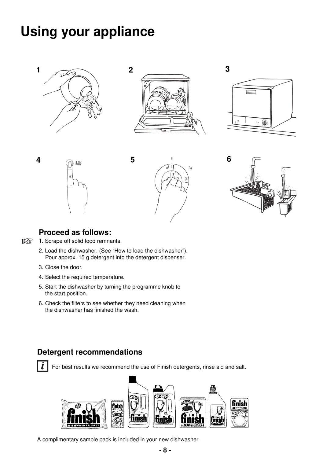 Zanussi DCS 12 W manual Using your appliance, Proceed as follows, Detergent recommendations 