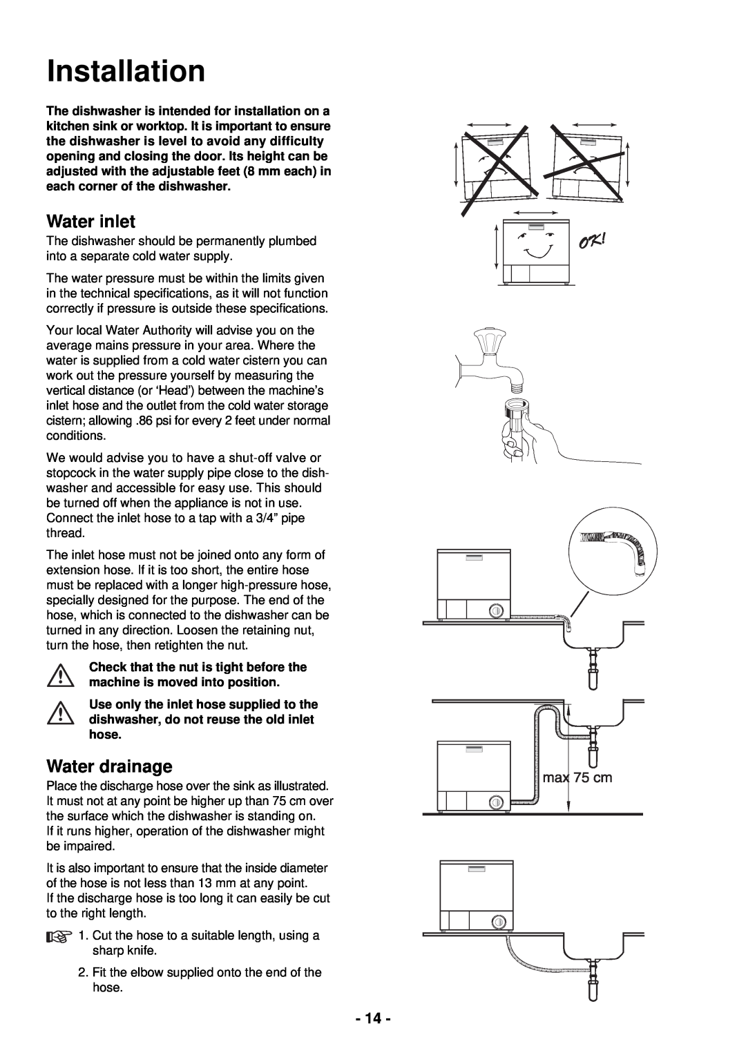 Zanussi DCS 12 W manual Installation, Water inlet, Water drainage 