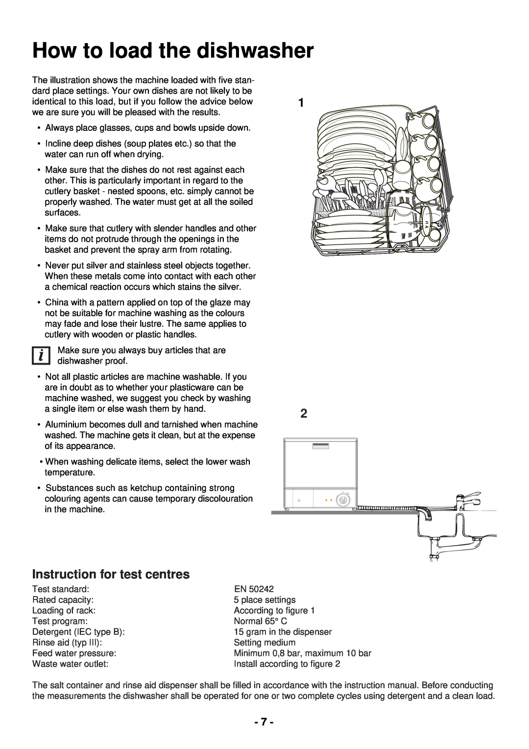 Zanussi DCS 12 W manual How to load the dishwasher, Instruction for test centres 
