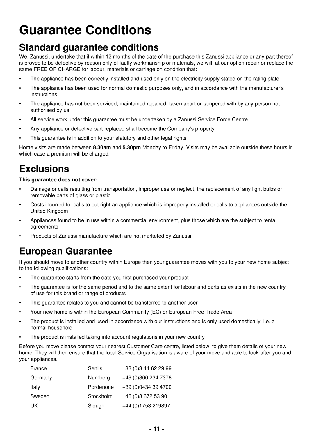 Zanussi DCS 14 W, DCS 14 S manual Guarantee Conditions, Standard guarantee conditions 