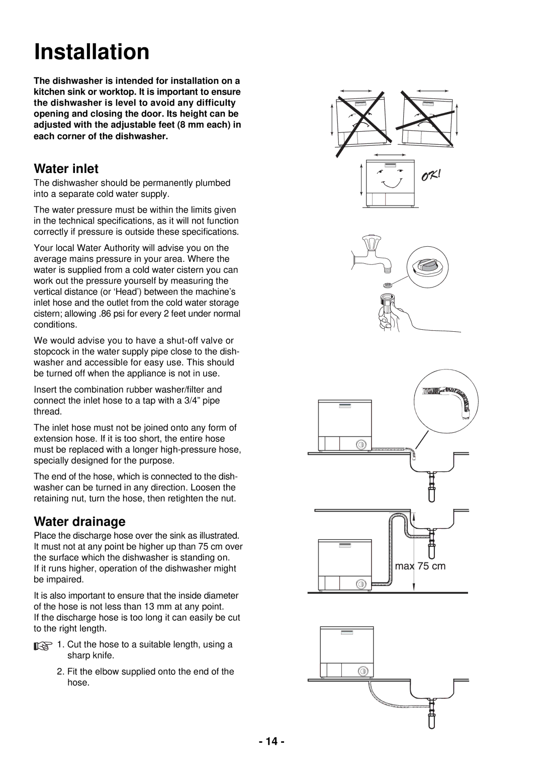 Zanussi DCS 14 S, DCS 14 W manual Installation, Water inlet, Water drainage 