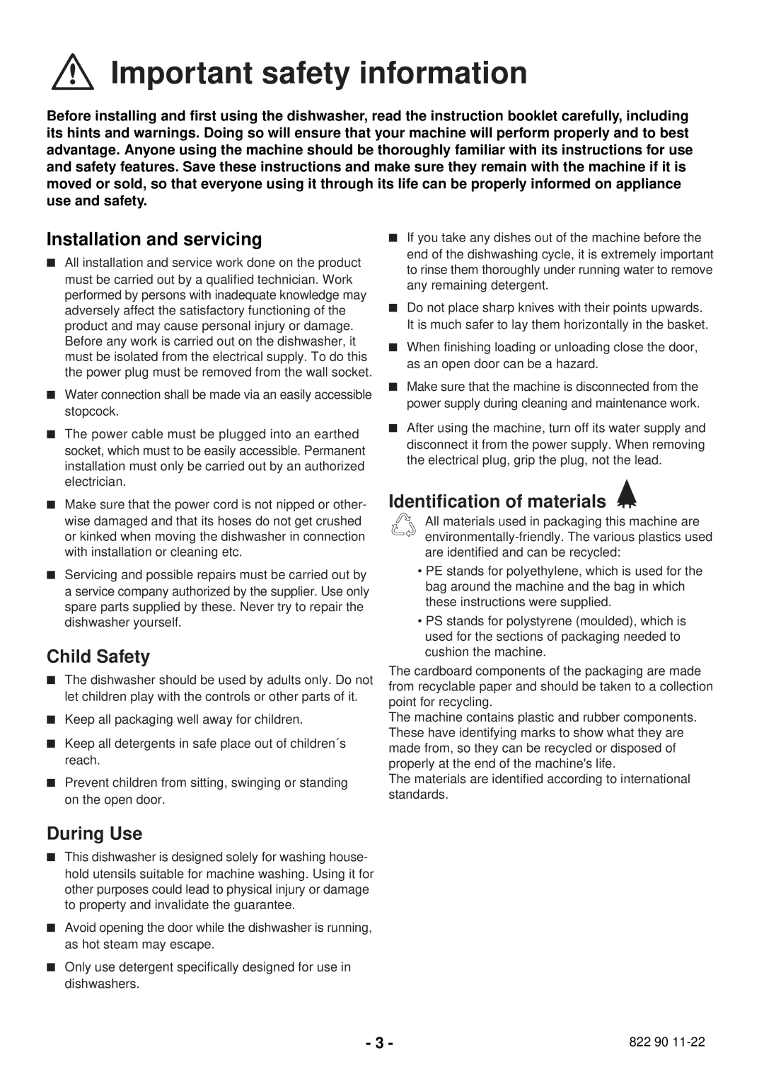 Zanussi DCS 14 W manual Important safety information, Installation and servicing, Child Safety, Identiﬁcation of materials 