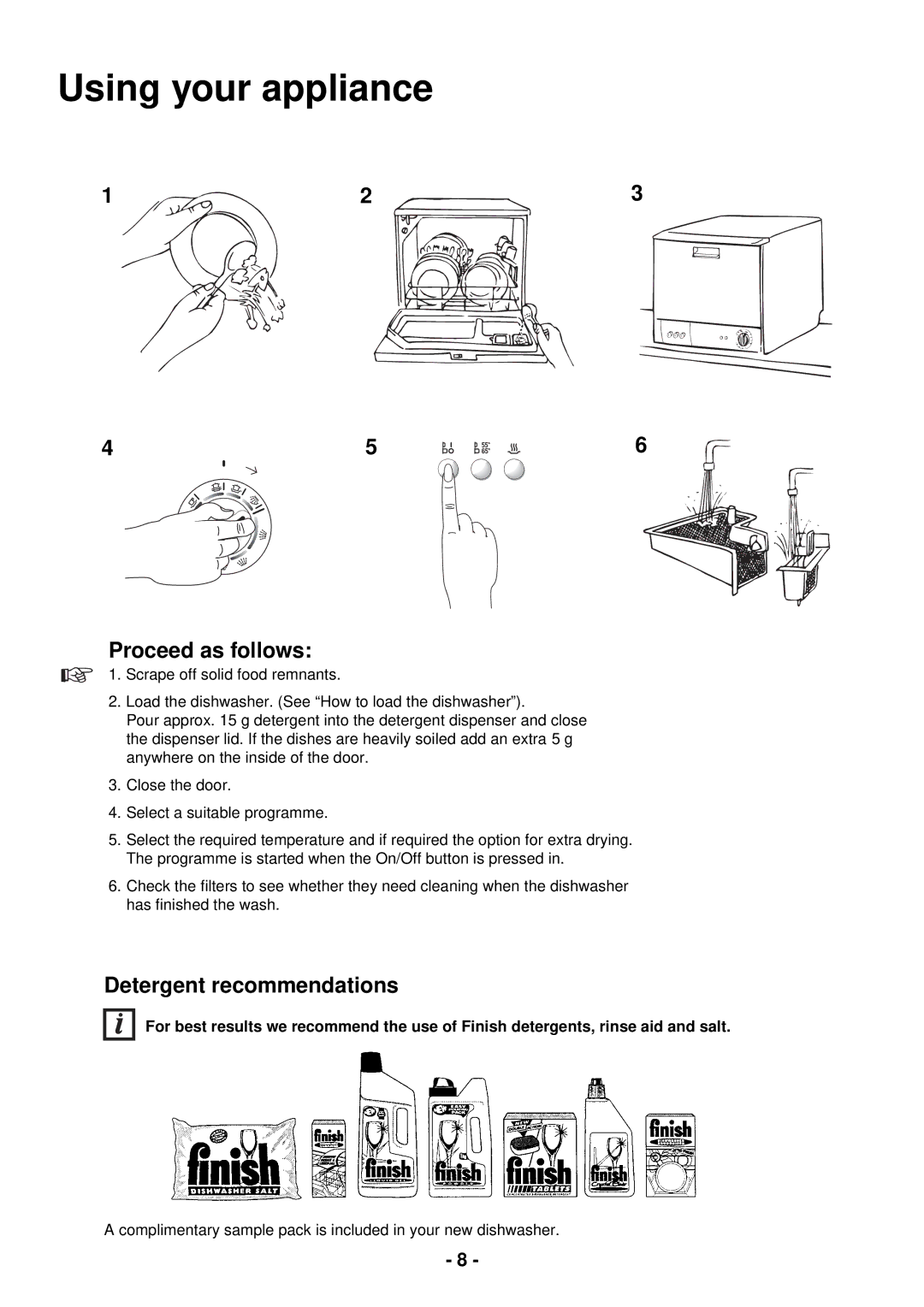 Zanussi DCS 14 S, DCS 14 W manual Using your appliance, Proceed as follows, Detergent recommendations 