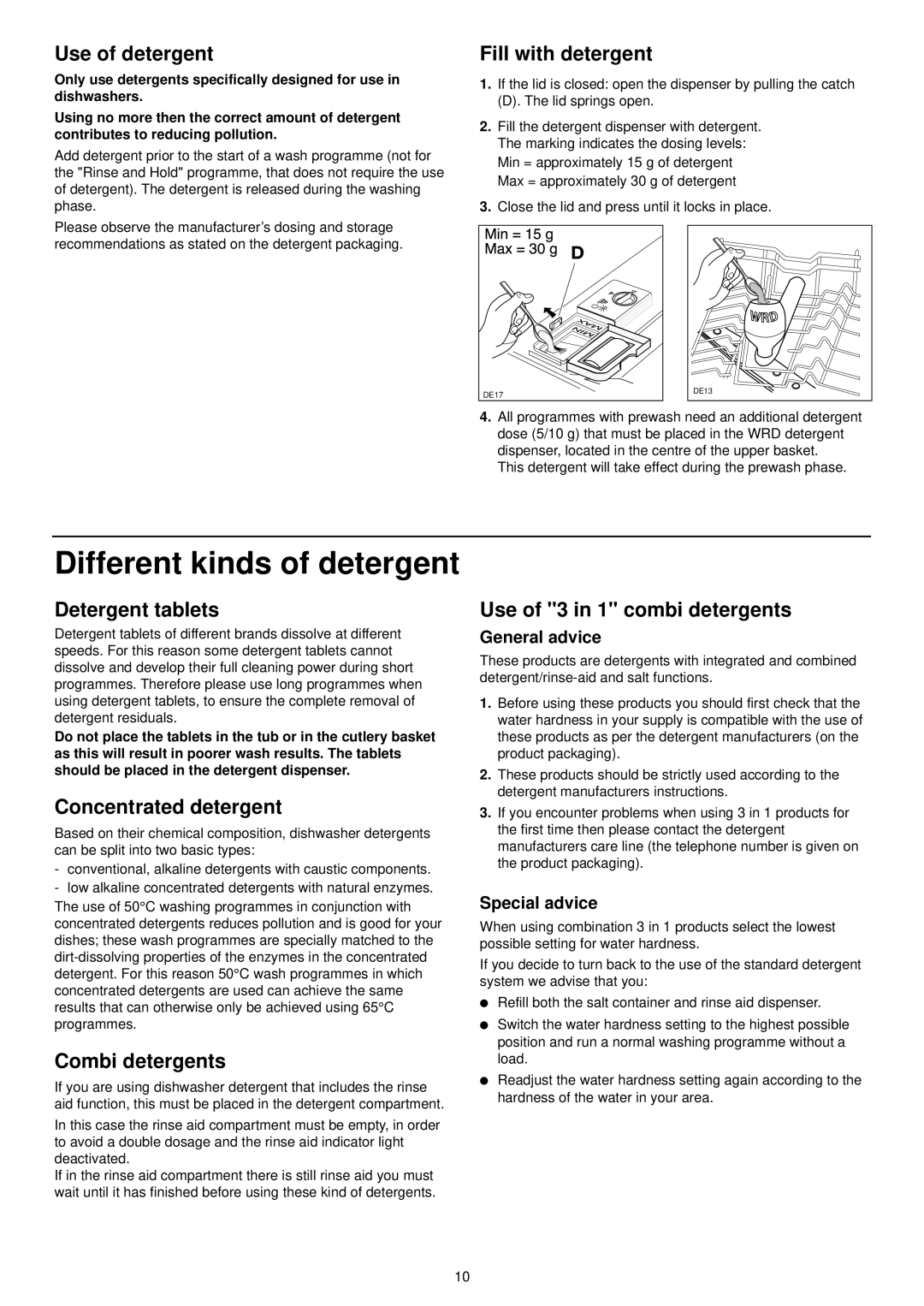 Zanussi DE 4554 S manual Different kinds of detergent 