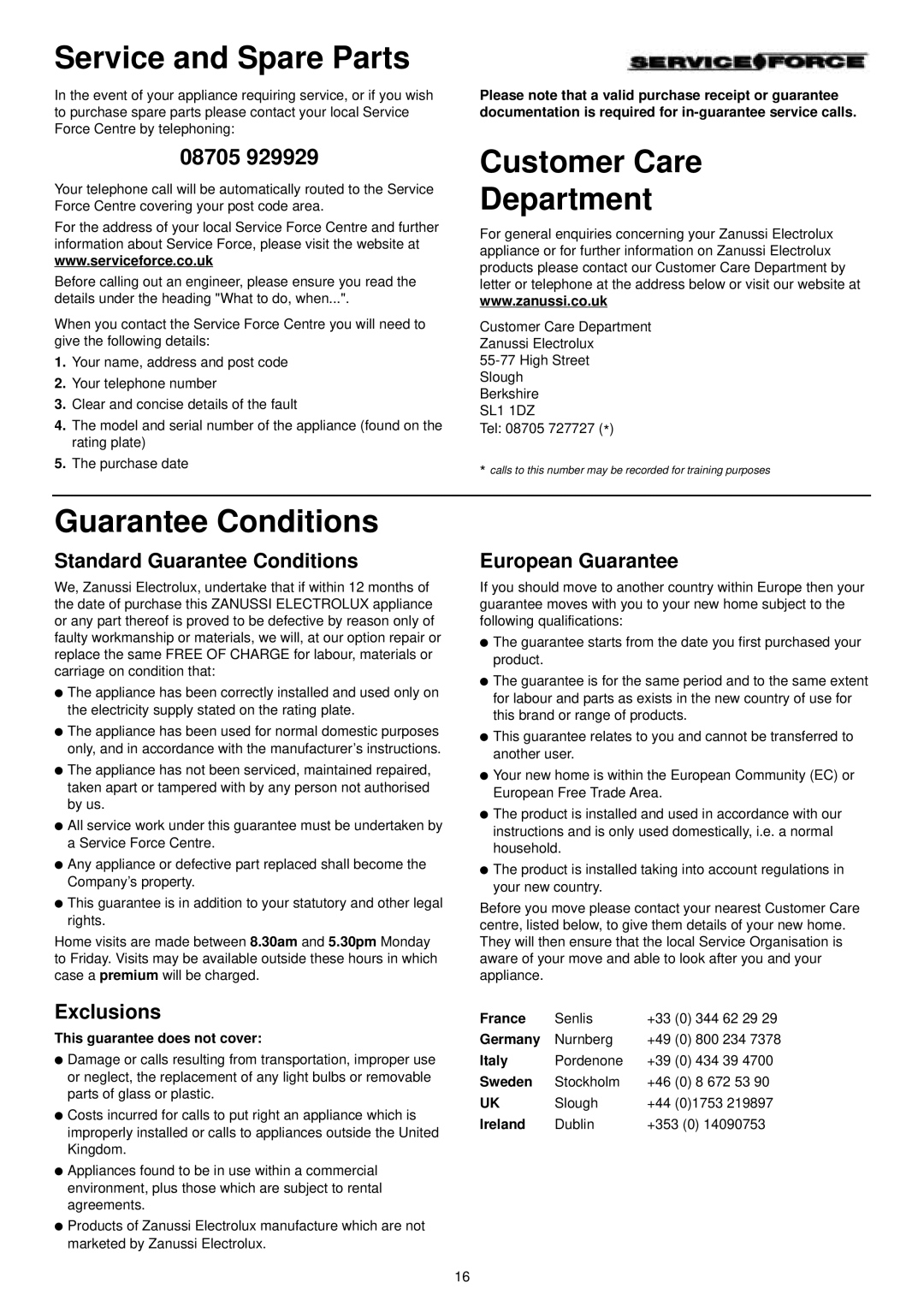 Zanussi DE 4554 S manual Service and Spare Parts, Customer Care Department, Guarantee Conditions 