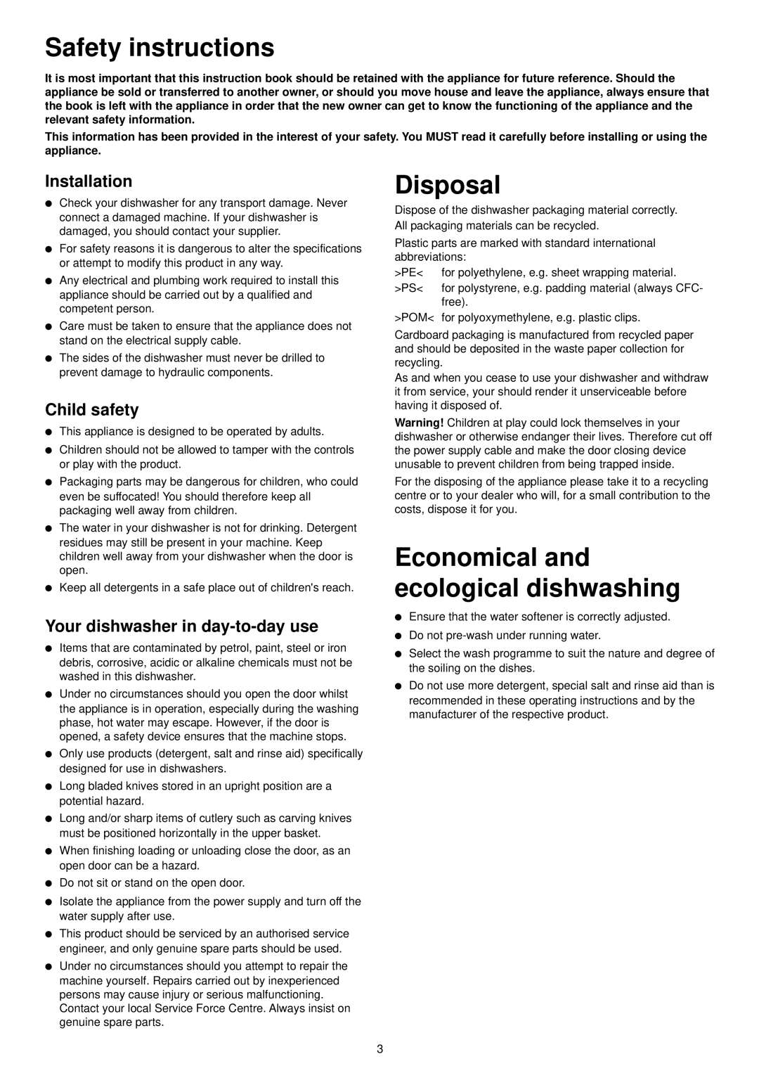 Zanussi DE 4554 S manual Safety instructions, Disposal, Installation, Child safety, Your dishwasher in day-to-day use 