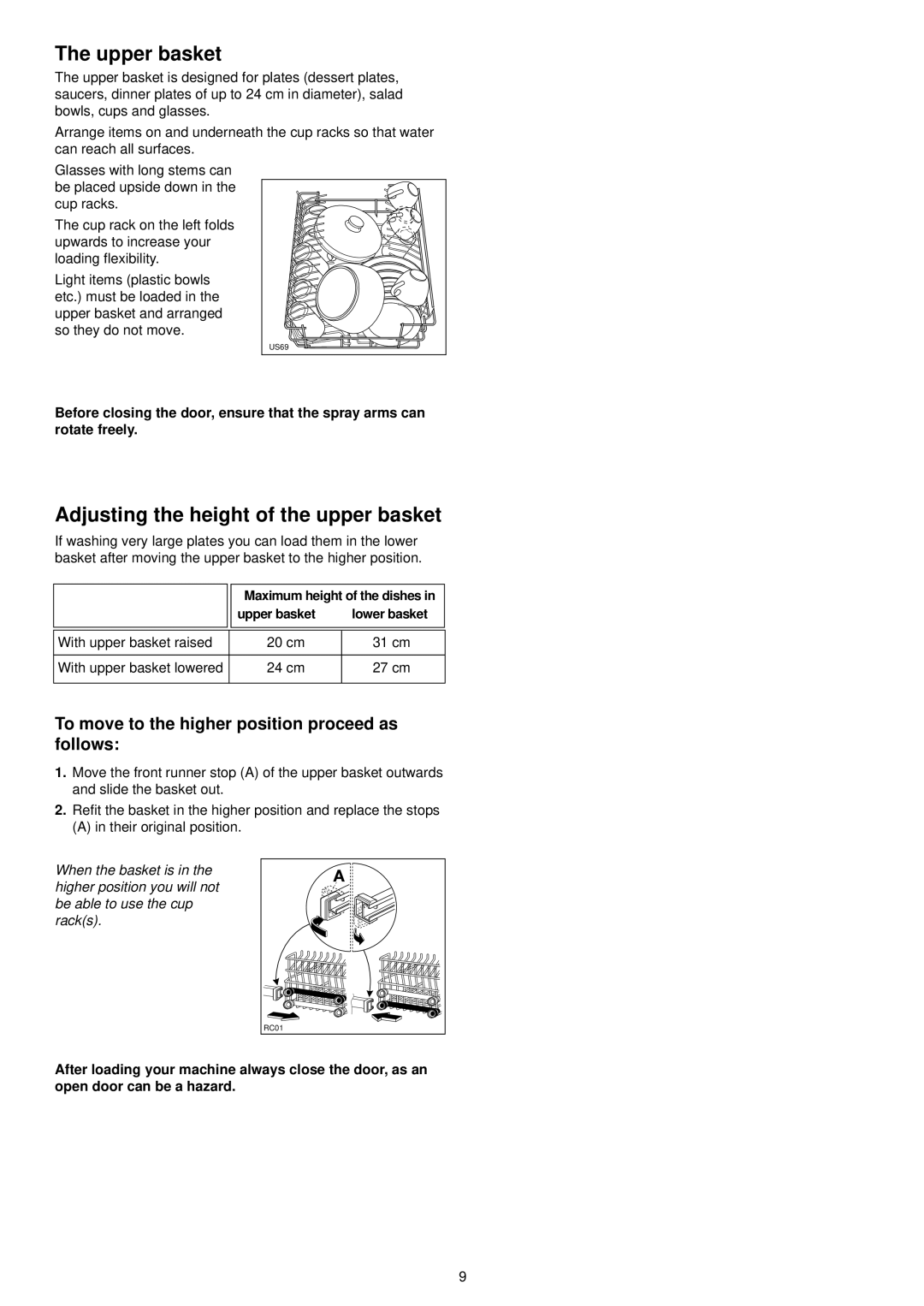 Zanussi DE 4554 Upper basket, Adjusting the height of the upper basket, To move to the higher position proceed as follows 