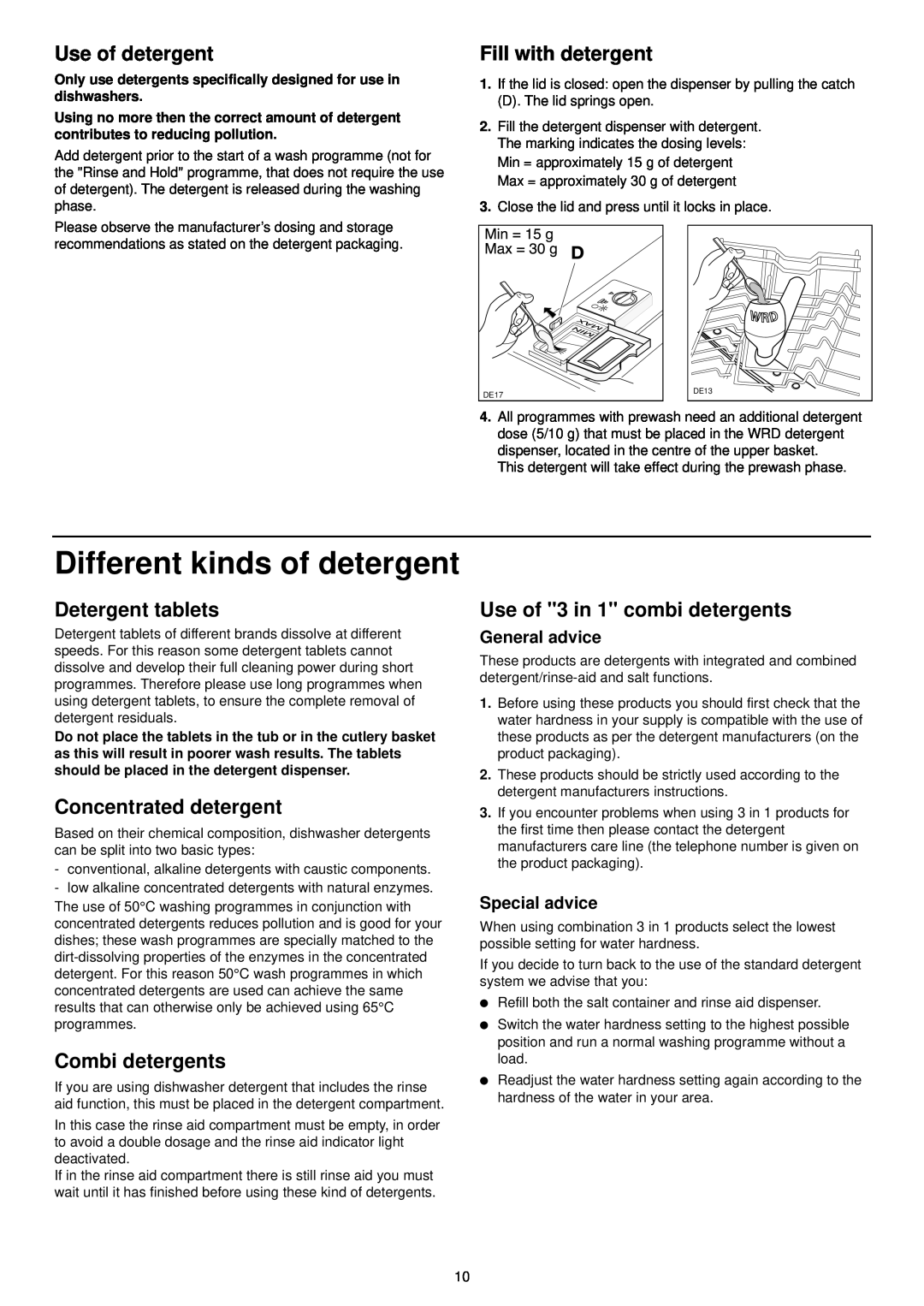 Zanussi DE 4554 S Different kinds of detergent, Use of detergent, Fill with detergent, Detergent tablets, Combi detergents 
