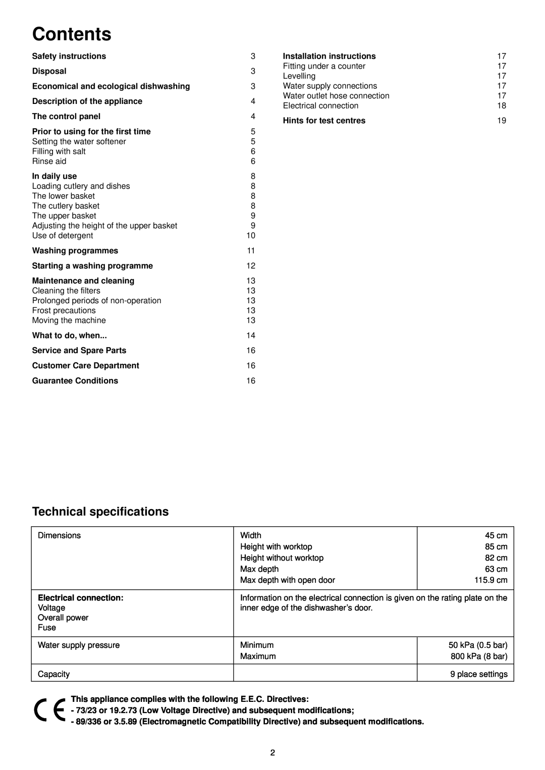 Zanussi DE 4554 S manual Contents, Technical specifications 