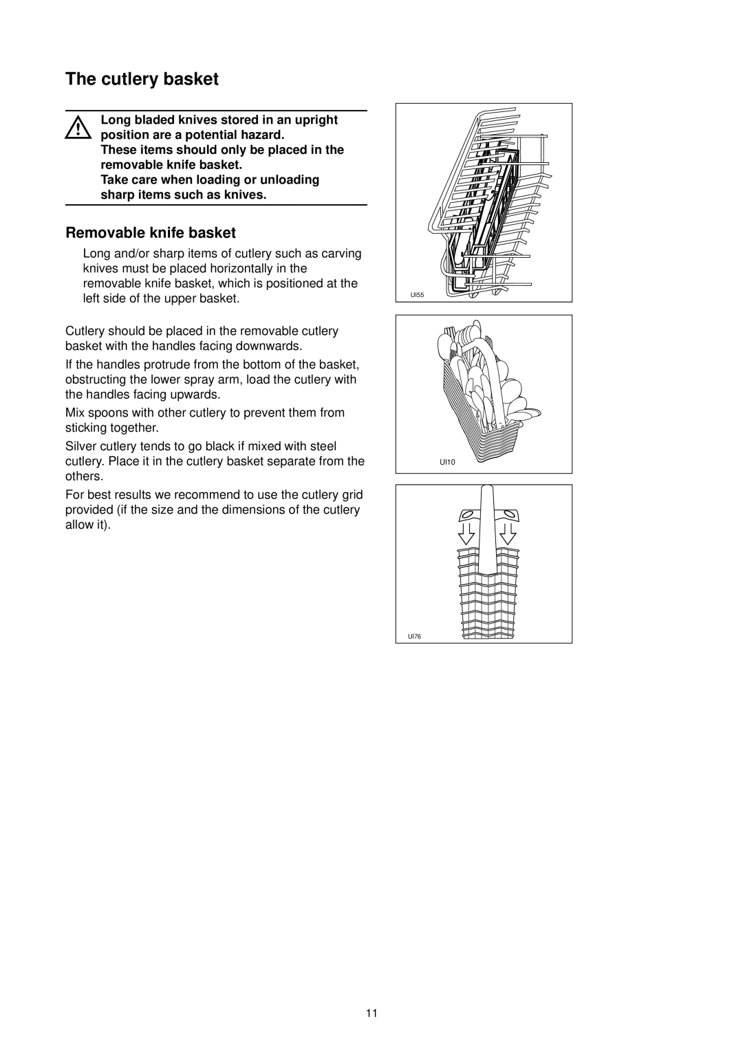 Zanussi DE 4744 manual Cutlery basket, Removable knife basket 