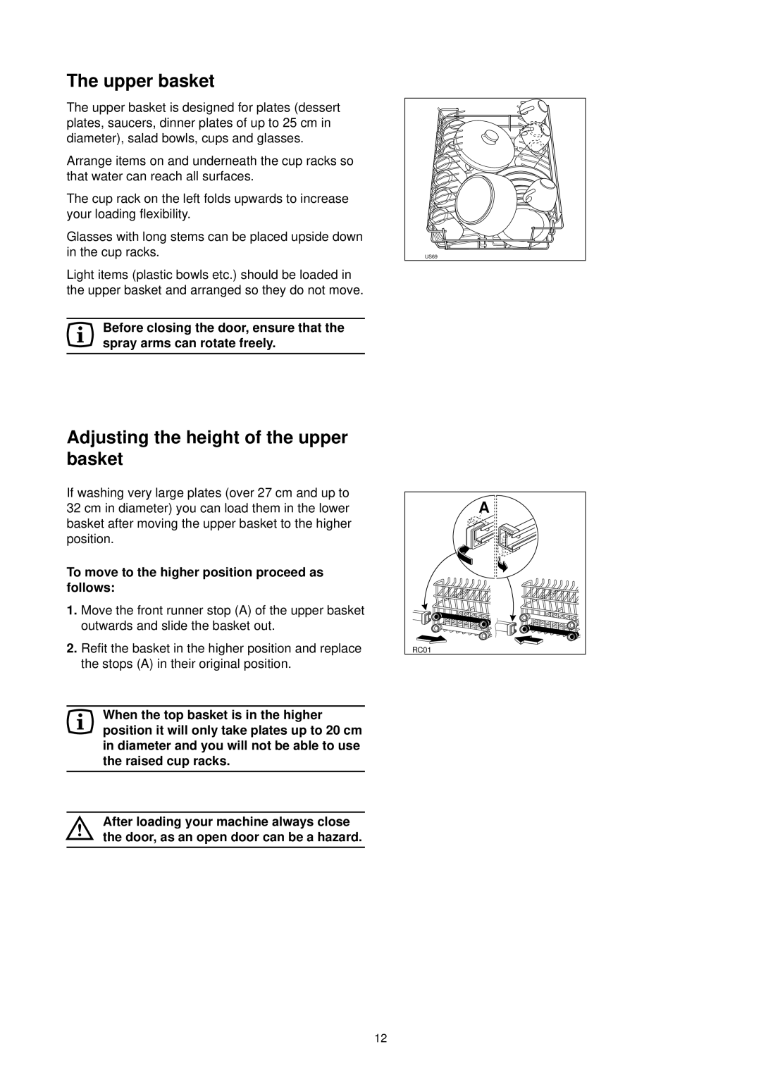 Zanussi DE 4744 manual Upper basket, Adjusting the height of the upper basket 