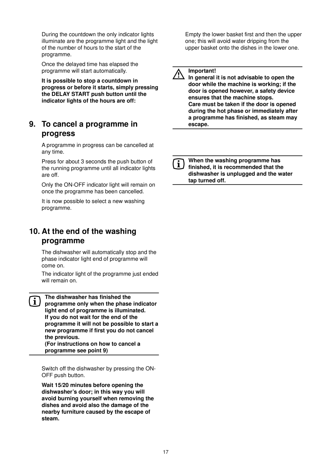 Zanussi DE 4744 manual It is now possible to select a new washing programme, Previous, To cancel a programme in progress 