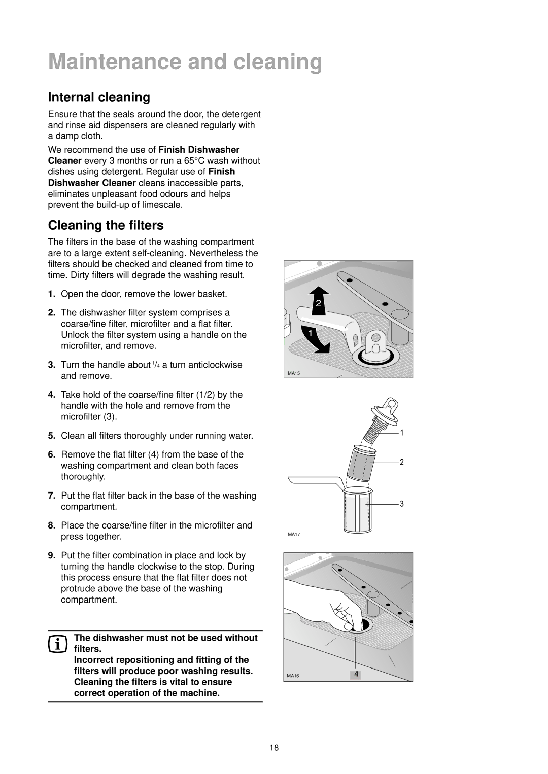 Zanussi DE 4744 manual Internal cleaning, Cleaning the filters, Dishwasher Cleaner 