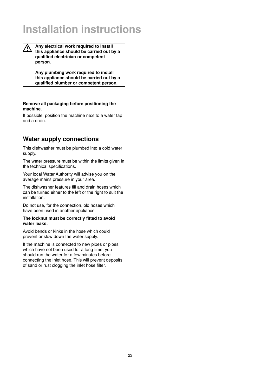 Zanussi DE 4744 Installation instructions, Water supply connections, Remove all packaging before positioning the machine 