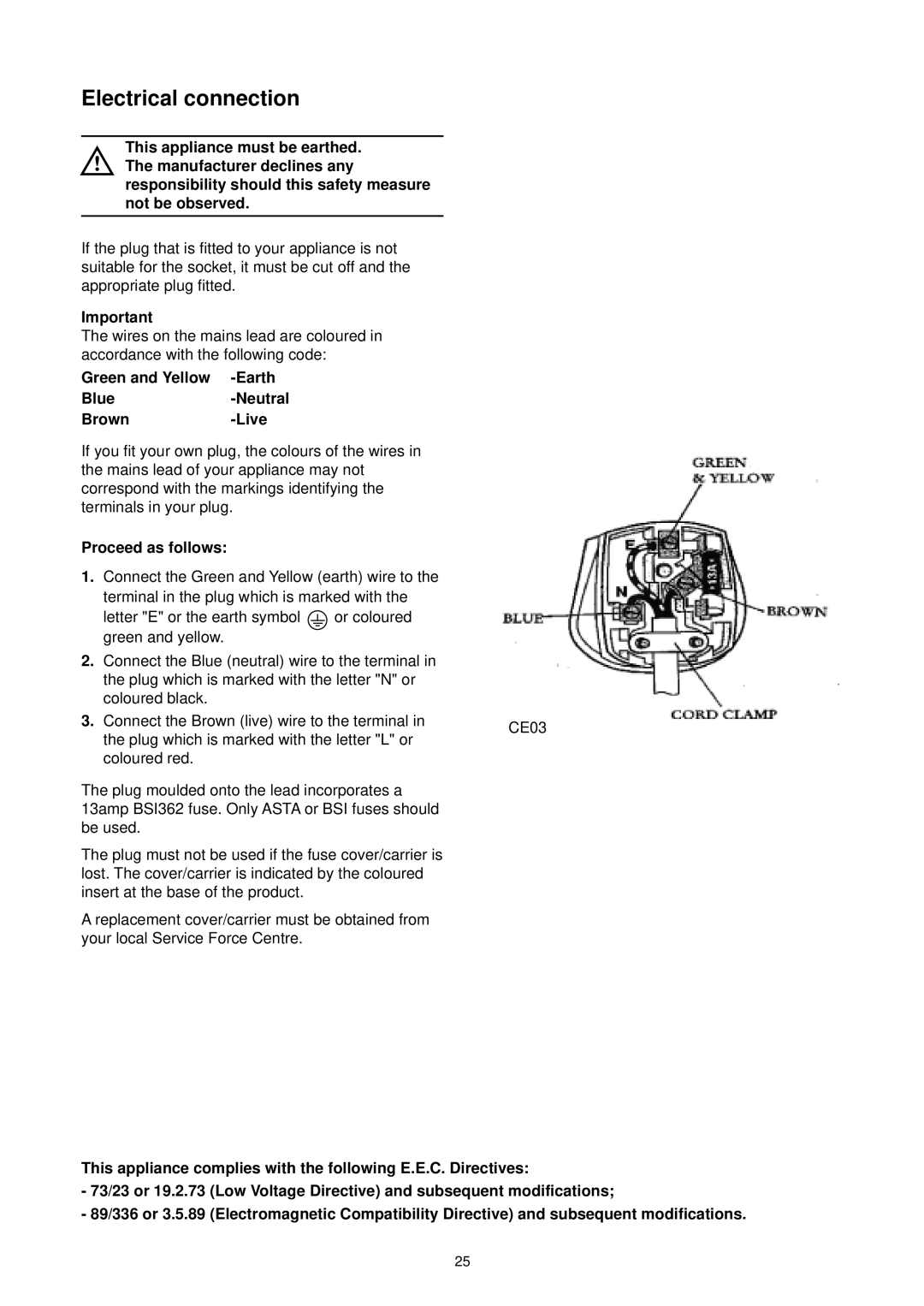 Zanussi DE 4744 manual Electrical connection, Earth, Blue, Brown Live, Proceed as follows 