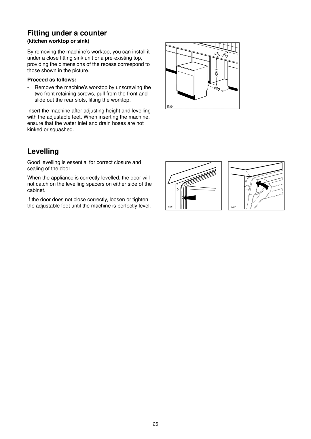 Zanussi DE 4744 manual Fitting under a counter, Levelling, Kitchen worktop or sink, 570-600, 450 