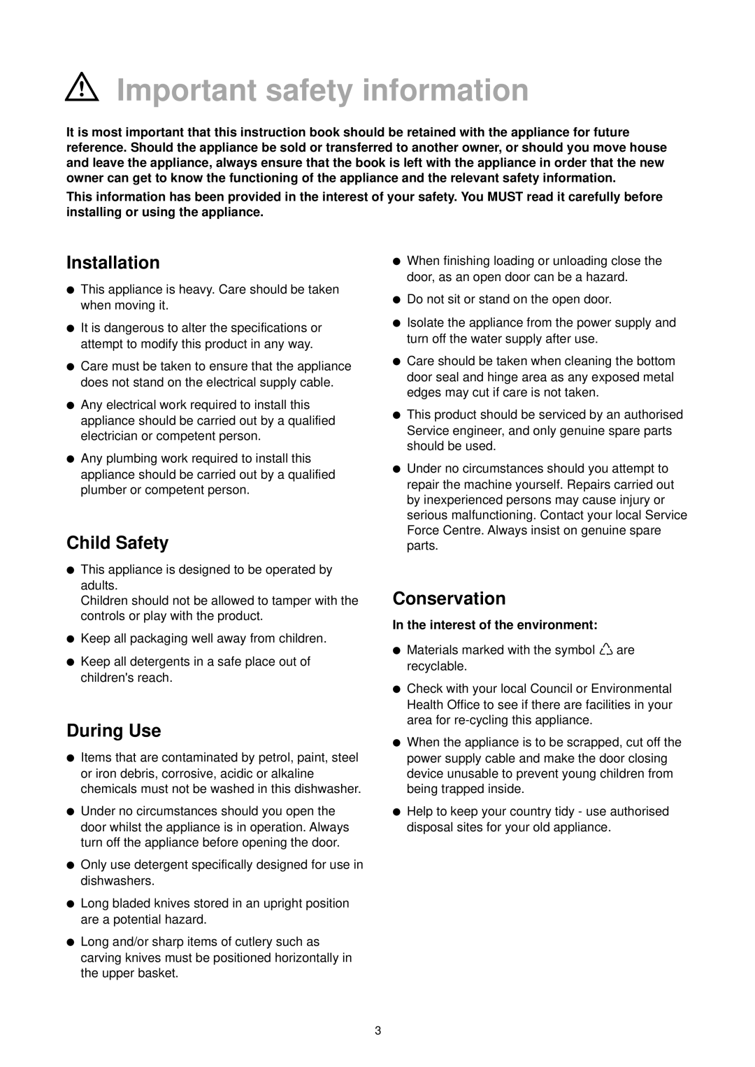 Zanussi DE 4744 manual Important safety information, Installation, Child Safety, During Use, Conservation 