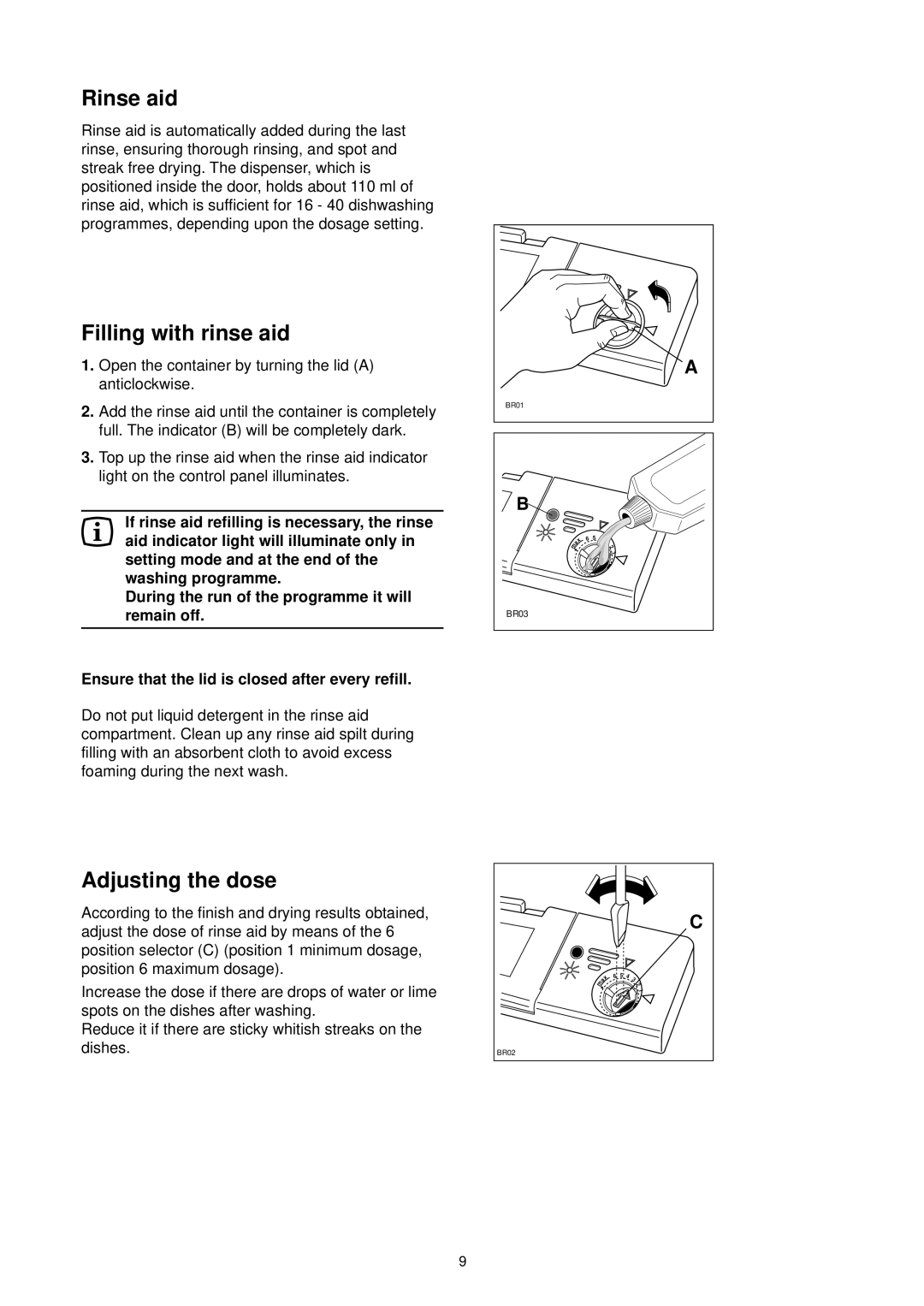 Zanussi DE 4744 manual Rinse aid, Filling with rinse aid, Adjusting the dose, Washing programme 