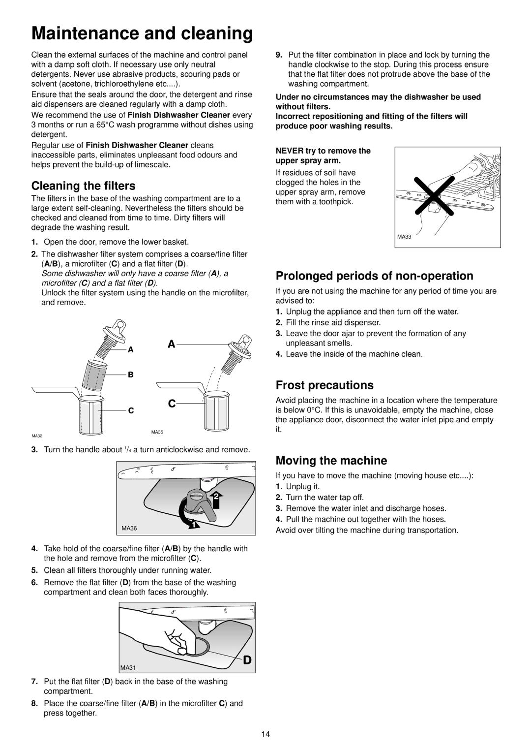 Zanussi DE 540 X Maintenance and cleaning, Cleaning the filters, Prolonged periods of non-operation, Frost precautions 