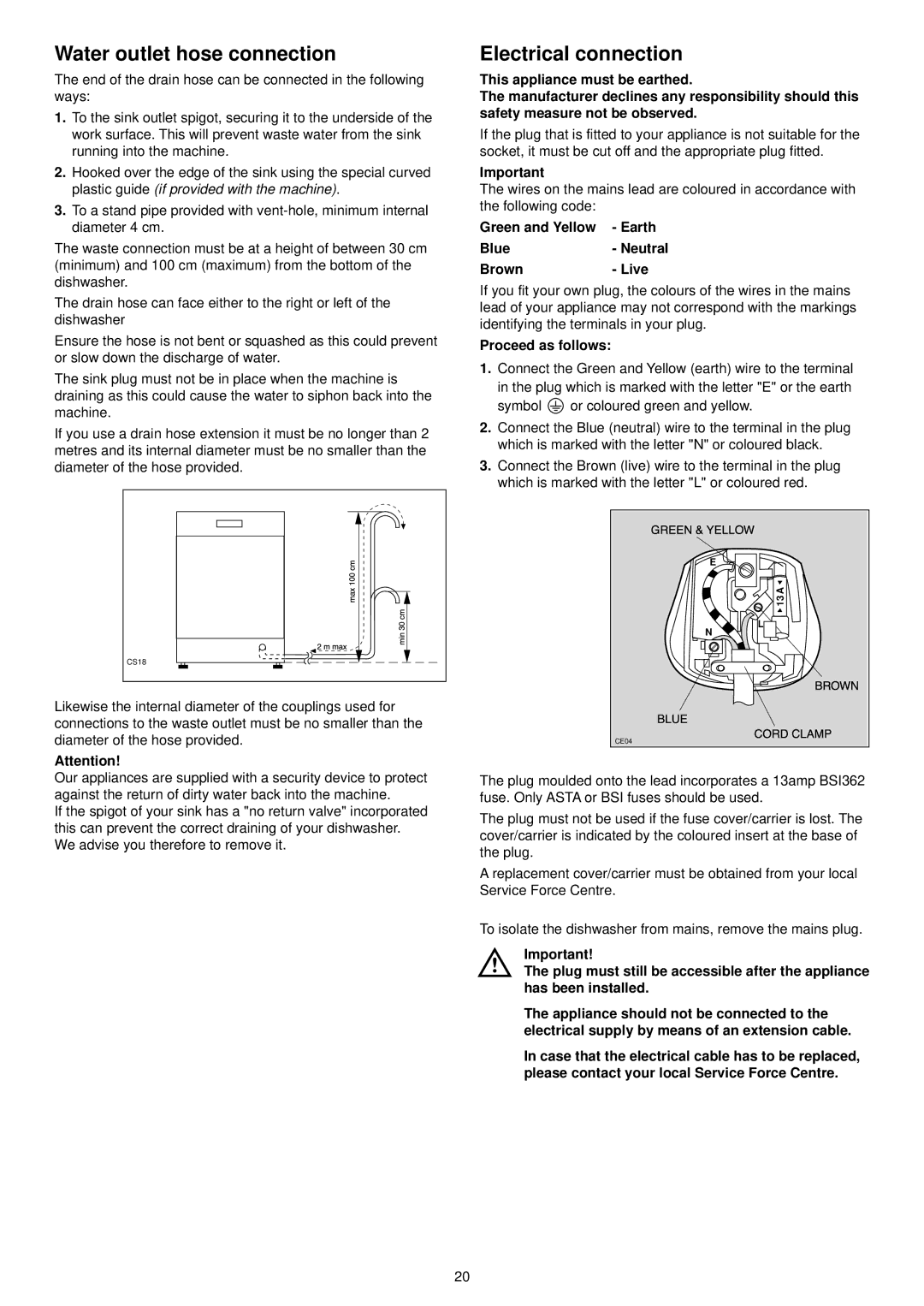 Zanussi DE 540 X Water outlet hose connection, Electrical connection, Green and Yellow Earth Blue- Neutral Brown- Live 