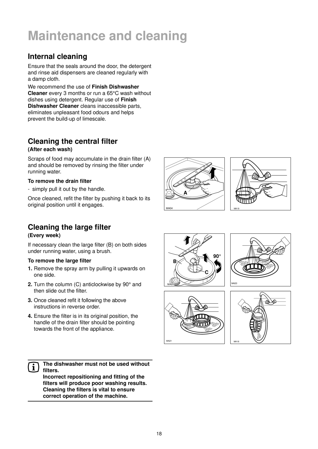 Zanussi DE 6544 manual Internal cleaning, Cleaning the central filter, Cleaning the large filter 