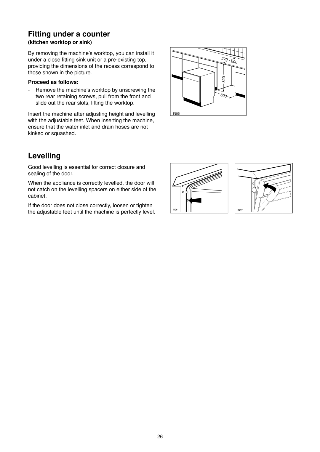 Zanussi DE 6544 manual Fitting under a counter, Levelling, Kitchen worktop or sink 