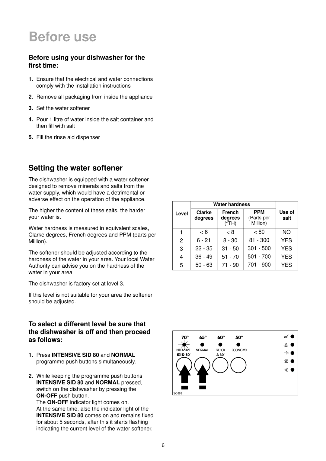 Zanussi DE 6544 manual Before use, Setting the water softener, Press 