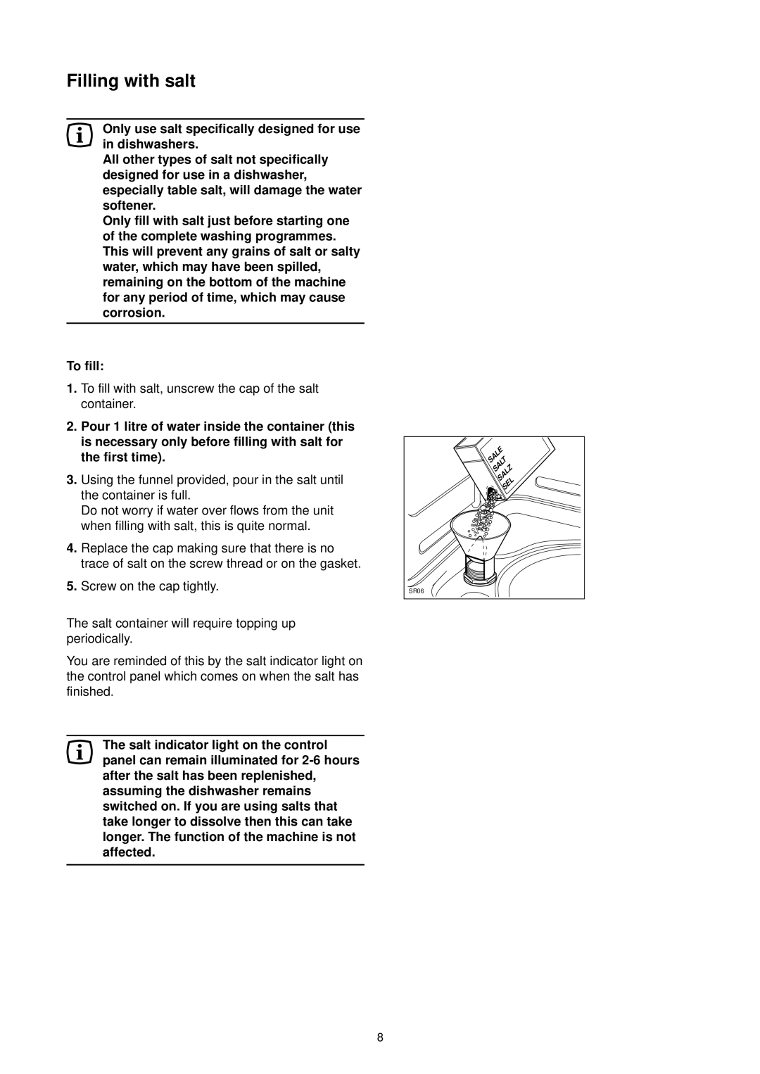 Zanussi DE 6544 manual Filling with salt, To fill with salt, unscrew the cap of the salt container, First time 