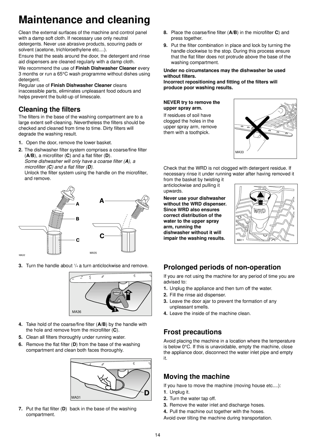 Zanussi DE 6554 Maintenance and cleaning, Cleaning the filters, Prolonged periods of non-operation, Frost precautions 