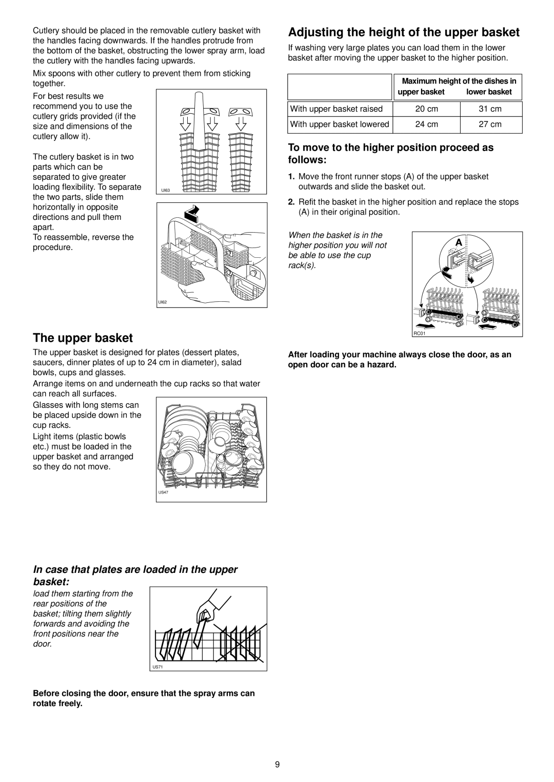 Zanussi DE 6554 Adjusting the height of the upper basket, Upper basket, To move to the higher position proceed as follows 