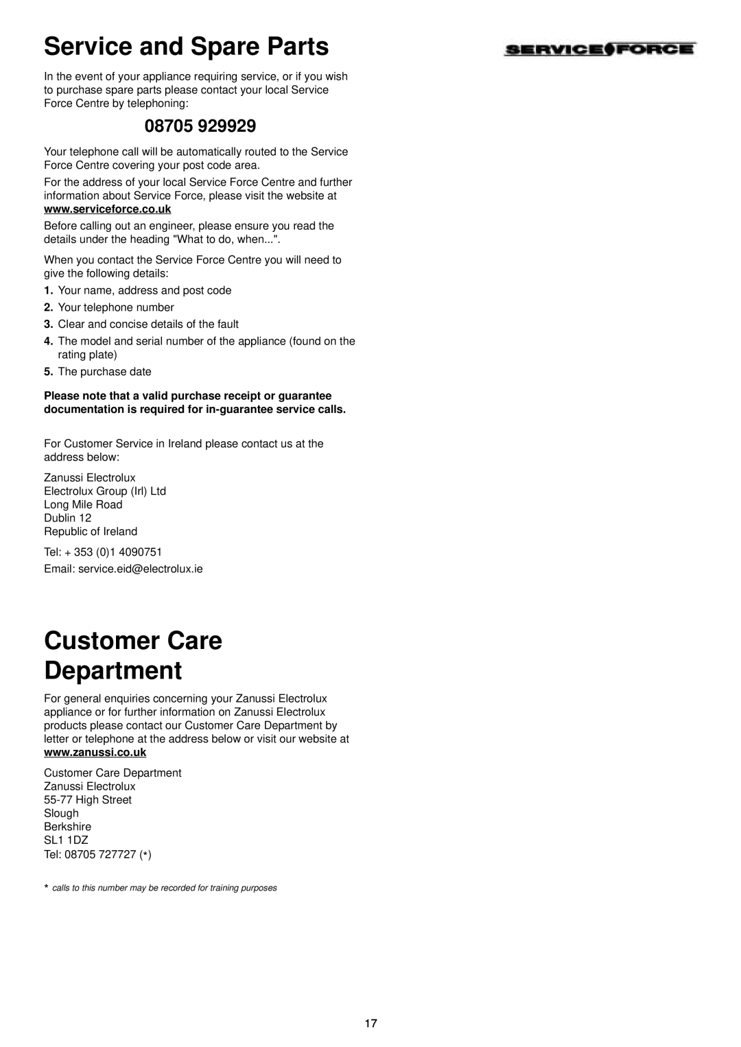 Zanussi DE 6554 manual Service and Spare Parts, Customer Care Department, 08705 